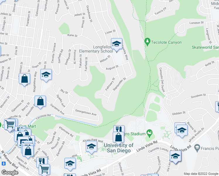 map of restaurants, bars, coffee shops, grocery stores, and more near 4993 February Street in San Diego