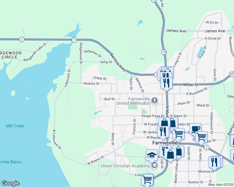 map of restaurants, bars, coffee shops, grocery stores, and more near 600 East U Drive in Farmerville