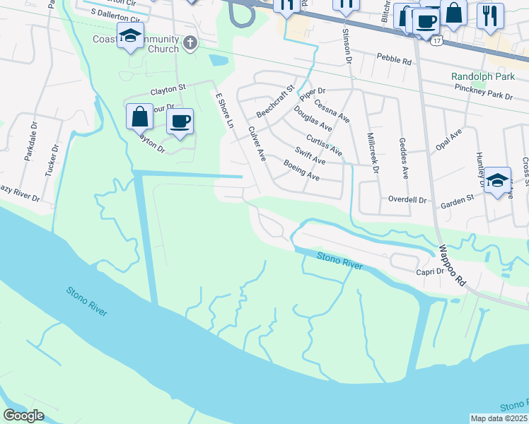map of restaurants, bars, coffee shops, grocery stores, and more near 186 River Breeze Drive in Charleston