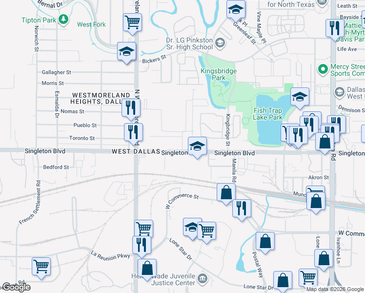 map of restaurants, bars, coffee shops, grocery stores, and more near Pointer Drive in Dallas