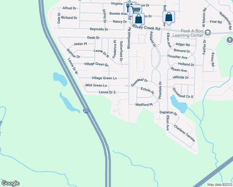 map of restaurants, bars, coffee shops, grocery stores, and more near 2637 Leone Drive South in Macon