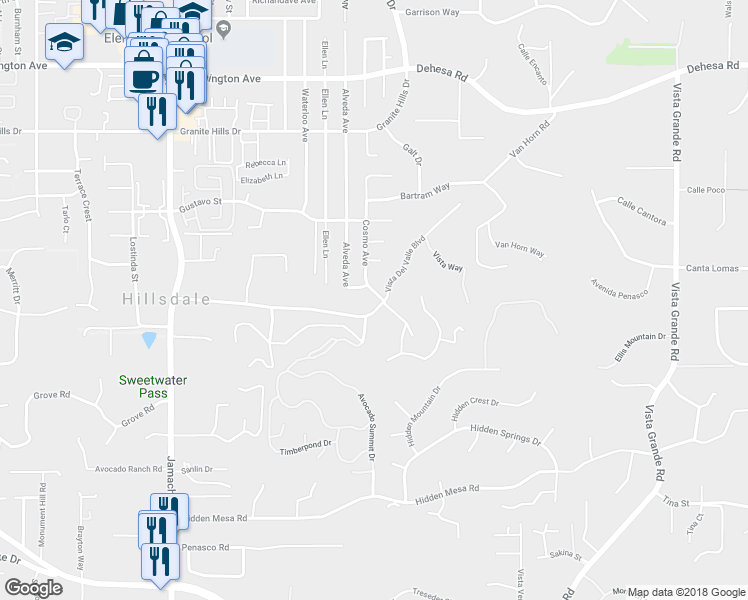 map of restaurants, bars, coffee shops, grocery stores, and more near 1678 Vista Del Valle Boulevard in El Cajon