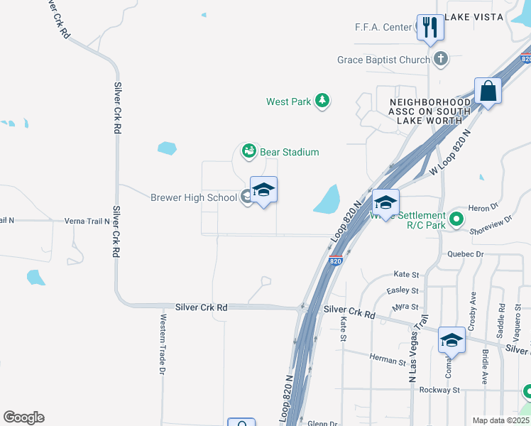 map of restaurants, bars, coffee shops, grocery stores, and more near 1025 West Loop 820 North in Fort Worth