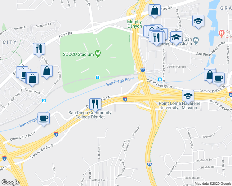 map of restaurants, bars, coffee shops, grocery stores, and more near 3590 Camino Del Rio North in San Diego