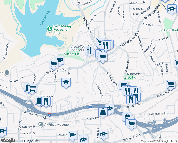 map of restaurants, bars, coffee shops, grocery stores, and more near 5575 Shasta Lane in La Mesa