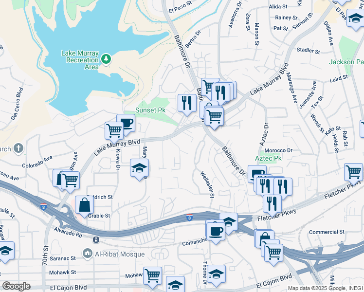map of restaurants, bars, coffee shops, grocery stores, and more near 5575 Shasta Lane in La Mesa