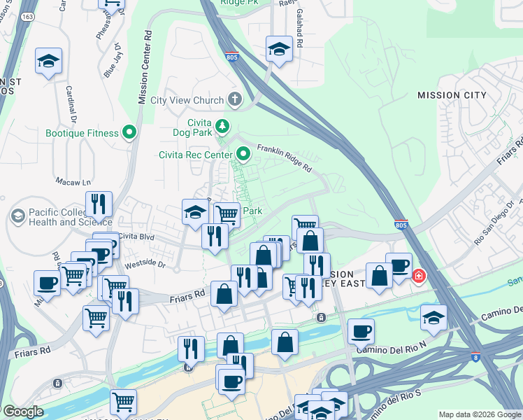 map of restaurants, bars, coffee shops, grocery stores, and more near 2450 Community Lane in San Diego