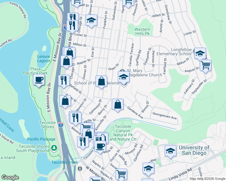map of restaurants, bars, coffee shops, grocery stores, and more near 1872 Magdalene Way in San Diego