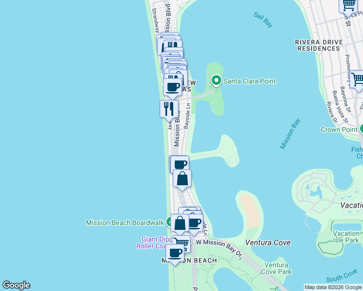 map of restaurants, bars, coffee shops, grocery stores, and more near 3578 Bayside Lane in San Diego