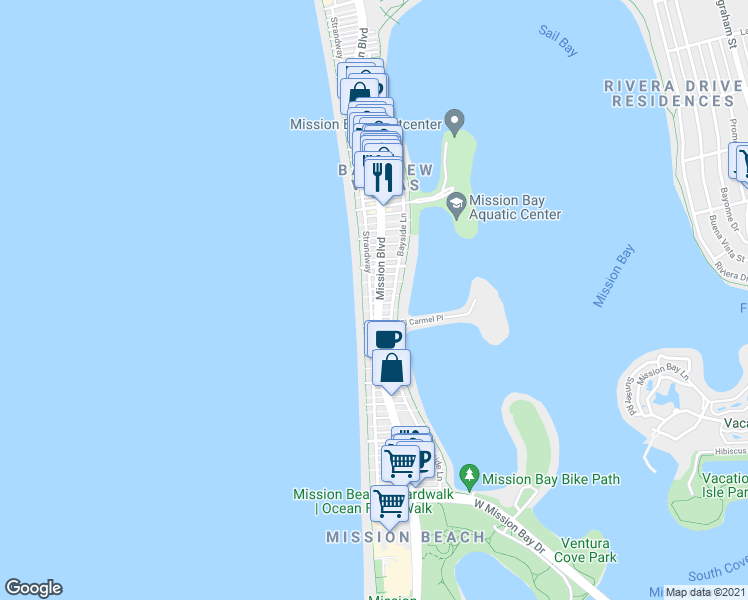 map of restaurants, bars, coffee shops, grocery stores, and more near 3561 Ocean Front Walk in San Diego