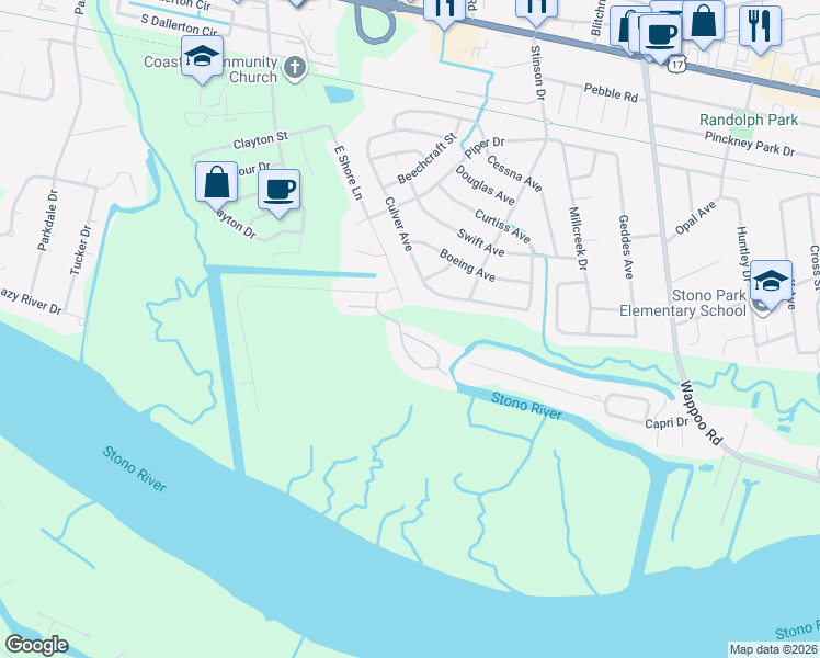 map of restaurants, bars, coffee shops, grocery stores, and more near 186 River Breeze Drive in Charleston