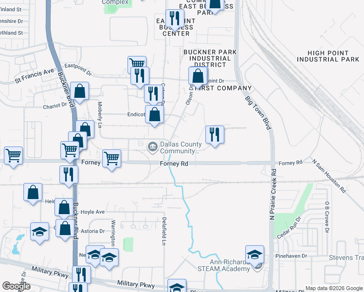 map of restaurants, bars, coffee shops, grocery stores, and more near 4854 Olson Drive in Dallas
