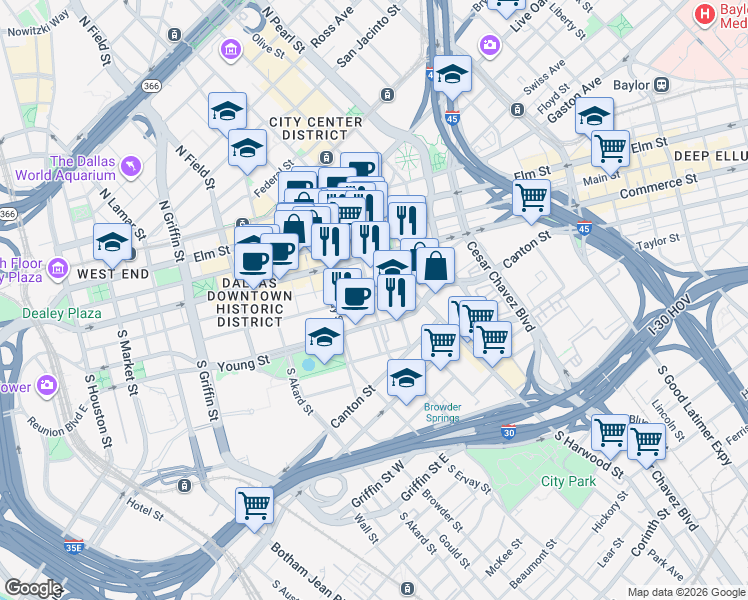 map of restaurants, bars, coffee shops, grocery stores, and more near 1801 Wood Street in Dallas