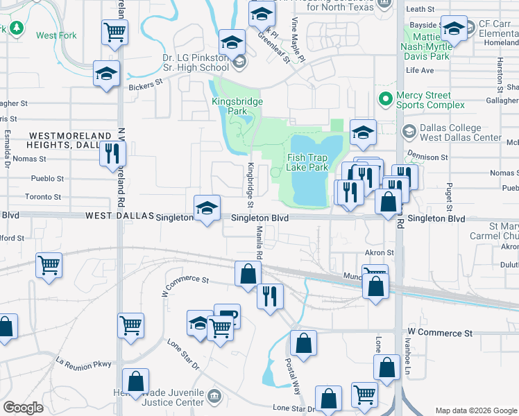 map of restaurants, bars, coffee shops, grocery stores, and more near 3000-3098 Kingbridge St in Dallas