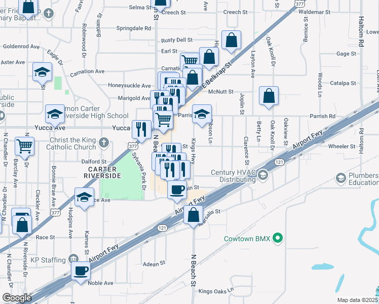 map of restaurants, bars, coffee shops, grocery stores, and more near 4020 Wheeler Street in Fort Worth