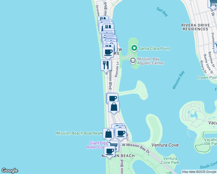 map of restaurants, bars, coffee shops, grocery stores, and more near 3540 Mission Boulevard in San Diego