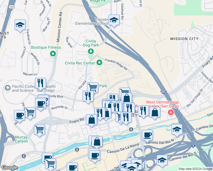 map of restaurants, bars, coffee shops, grocery stores, and more near 2460 Community Lane in San Diego