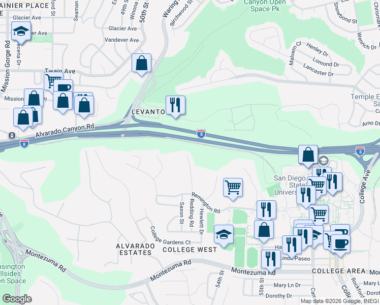 map of restaurants, bars, coffee shops, grocery stores, and more near 5491 Redding Road in San Diego