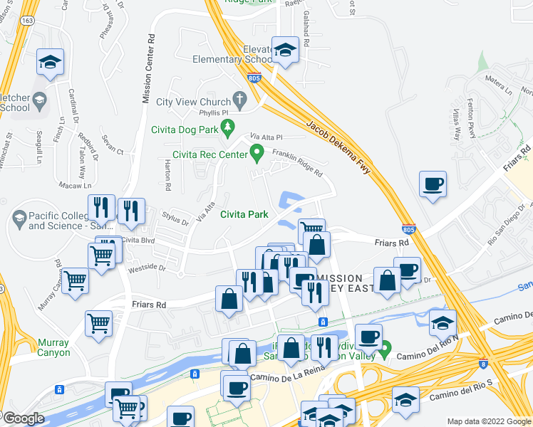 map of restaurants, bars, coffee shops, grocery stores, and more near 2450 Community Lane in San Diego