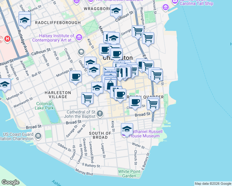 map of restaurants, bars, coffee shops, grocery stores, and more near 264 Horlbeck Alley in Charleston