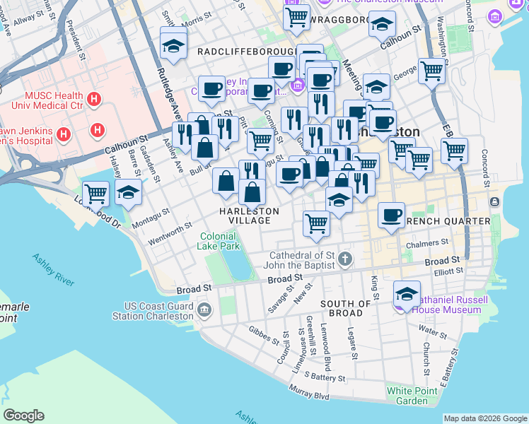 map of restaurants, bars, coffee shops, grocery stores, and more near 92 Beaufain Street in Charleston