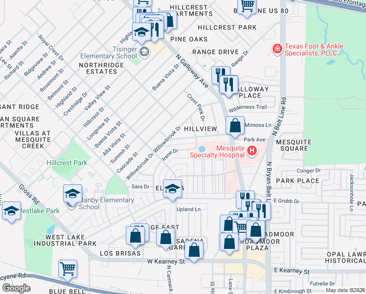 map of restaurants, bars, coffee shops, grocery stores, and more near 508 Crest Hill Drive in Mesquite