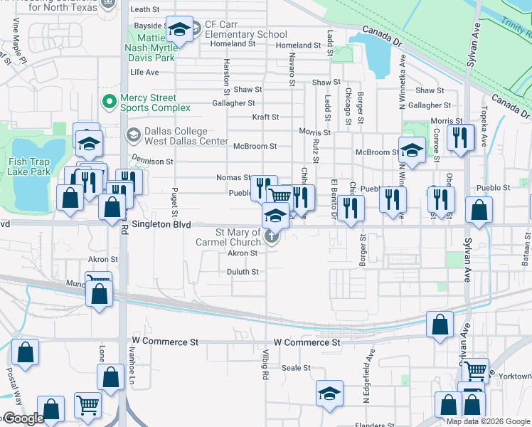 map of restaurants, bars, coffee shops, grocery stores, and more near 1727 Toronto Street in Dallas