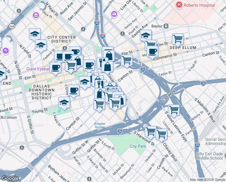 map of restaurants, bars, coffee shops, grocery stores, and more near 2121 Helsminster Drive in Dallas