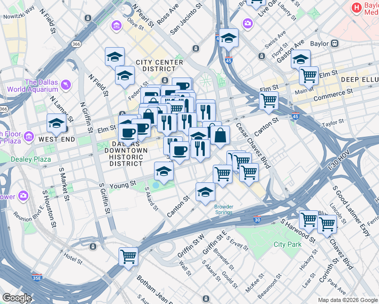 map of restaurants, bars, coffee shops, grocery stores, and more near 400 South Saint Paul Street in Dallas