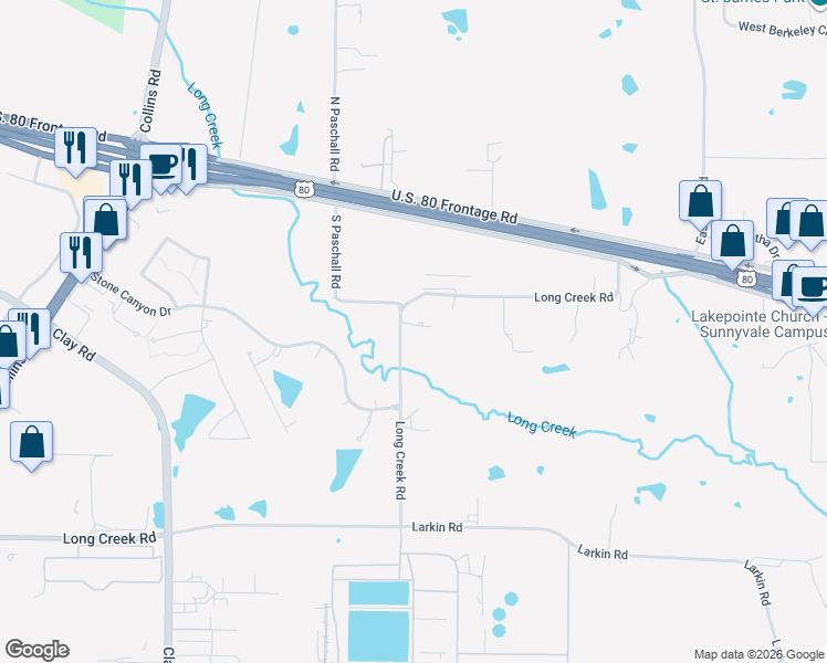 map of restaurants, bars, coffee shops, grocery stores, and more near 498 Long Creek Road in Sunnyvale