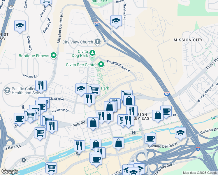 map of restaurants, bars, coffee shops, grocery stores, and more near 2420 Community Lane in San Diego