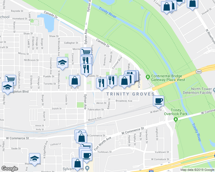 map of restaurants, bars, coffee shops, grocery stores, and more near 3015 Bataan Street in Dallas