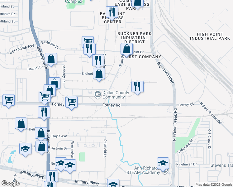map of restaurants, bars, coffee shops, grocery stores, and more near 4854 Olson Drive in Dallas