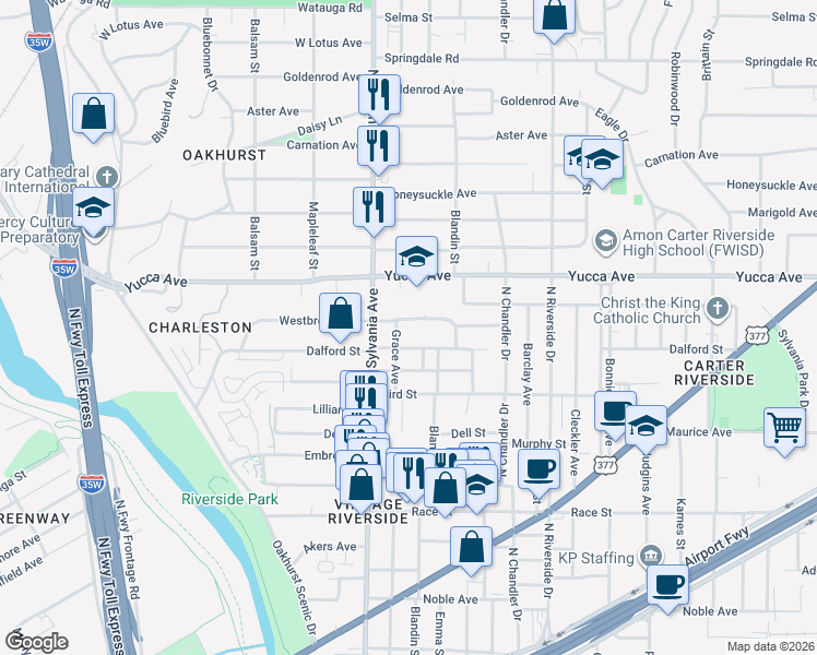 map of restaurants, bars, coffee shops, grocery stores, and more near 2724 Westbrook Avenue in Fort Worth