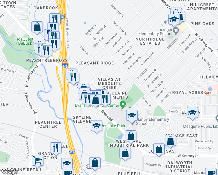 map of restaurants, bars, coffee shops, grocery stores, and more near 920 Gross Road in Mesquite
