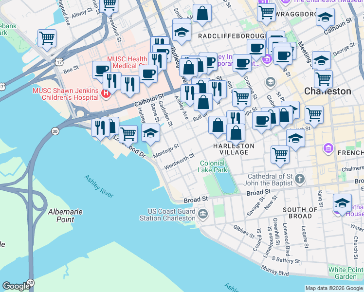 map of restaurants, bars, coffee shops, grocery stores, and more near 62 Montagu Street in Charleston