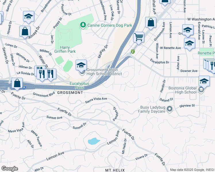 map of restaurants, bars, coffee shops, grocery stores, and more near 1334 Pine Drive in El Cajon