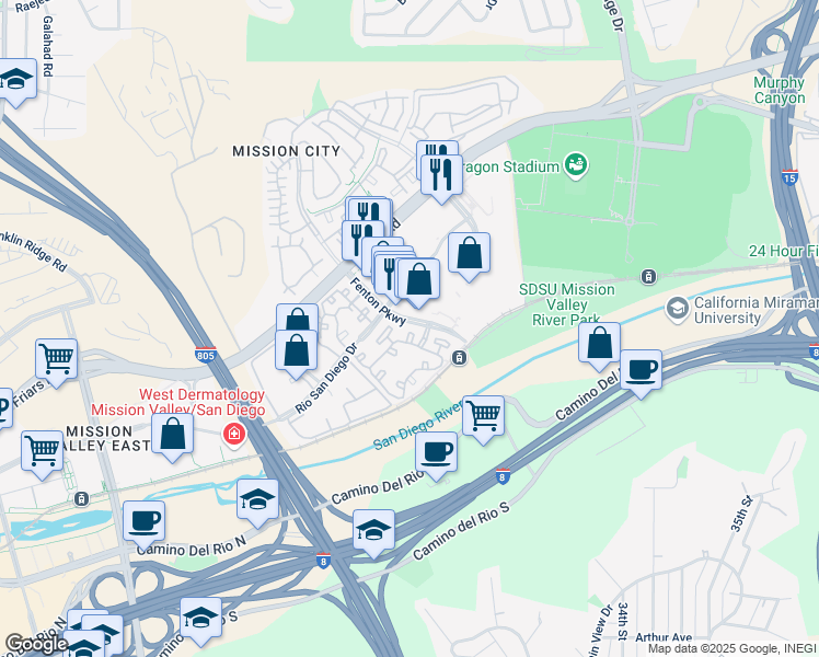 map of restaurants, bars, coffee shops, grocery stores, and more near 2180 Fenton Parkway in San Diego