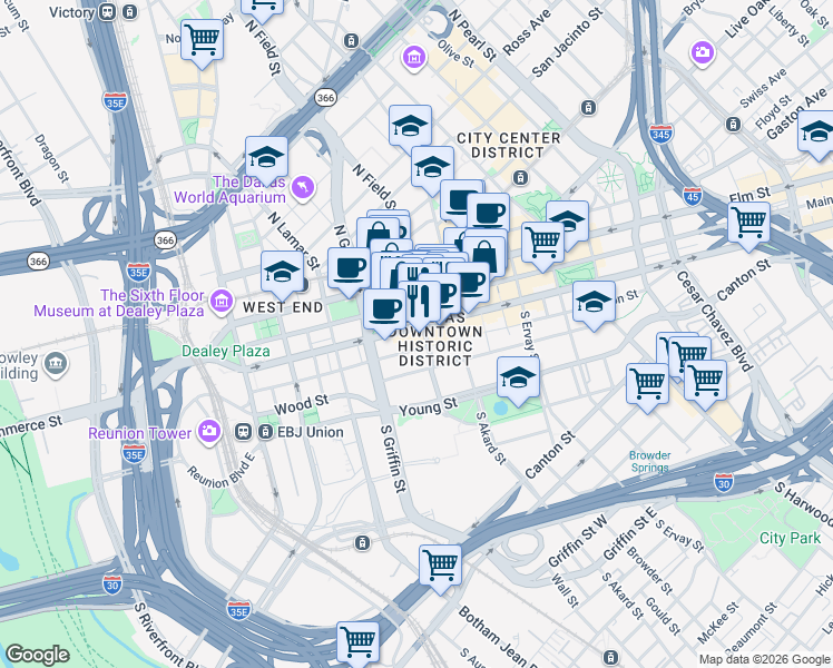 map of restaurants, bars, coffee shops, grocery stores, and more near 1222 Commerce Street in Dallas