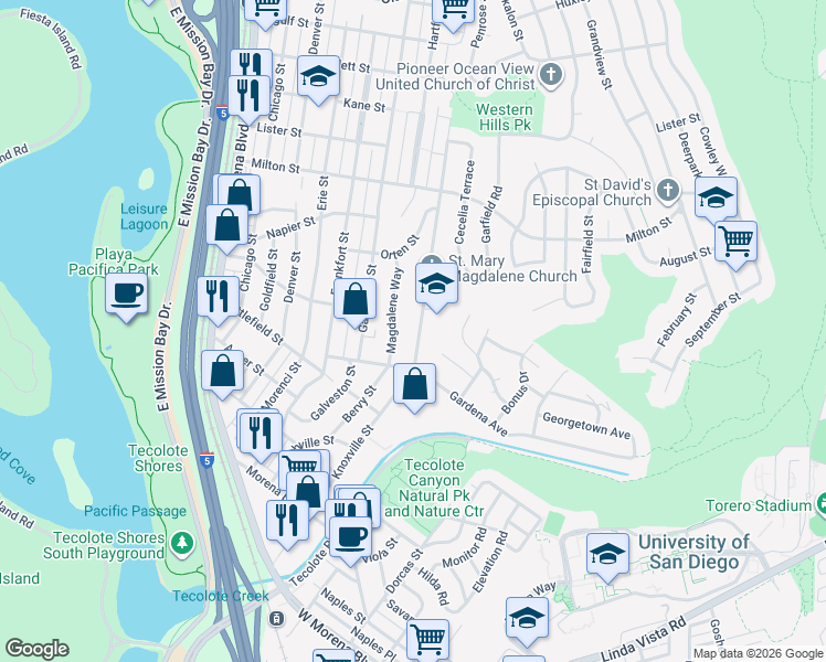 map of restaurants, bars, coffee shops, grocery stores, and more near 1860 Illion Street in San Diego