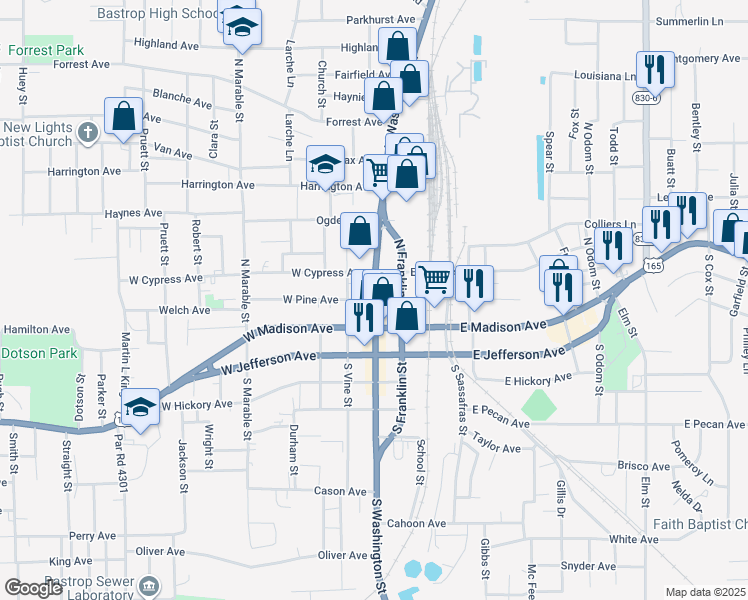 map of restaurants, bars, coffee shops, grocery stores, and more near in Bastrop