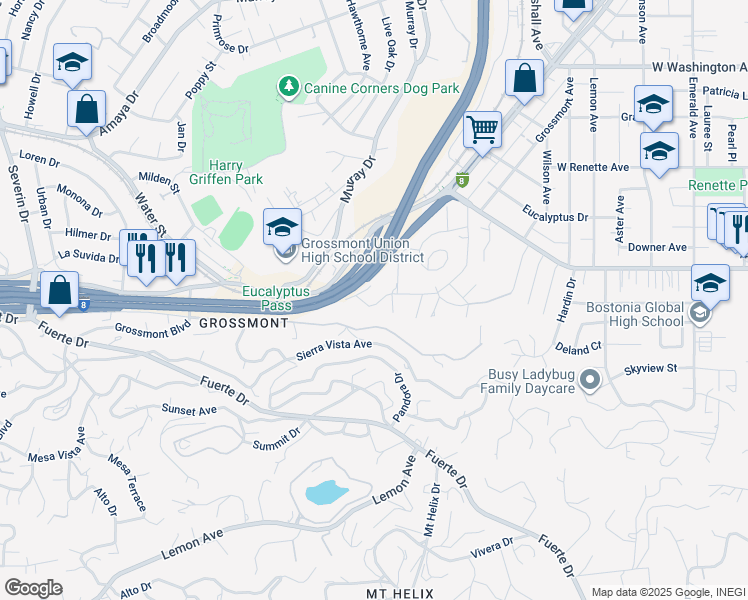 map of restaurants, bars, coffee shops, grocery stores, and more near 1334 Pine Drive in El Cajon