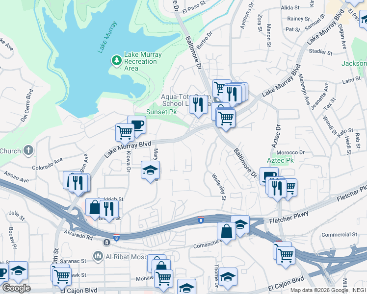 map of restaurants, bars, coffee shops, grocery stores, and more near 5590 Shasta Lane in La Mesa
