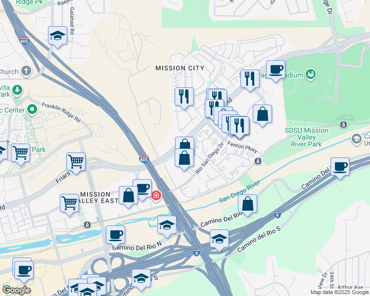 map of restaurants, bars, coffee shops, grocery stores, and more near 2295 River Run Drive in San Diego
