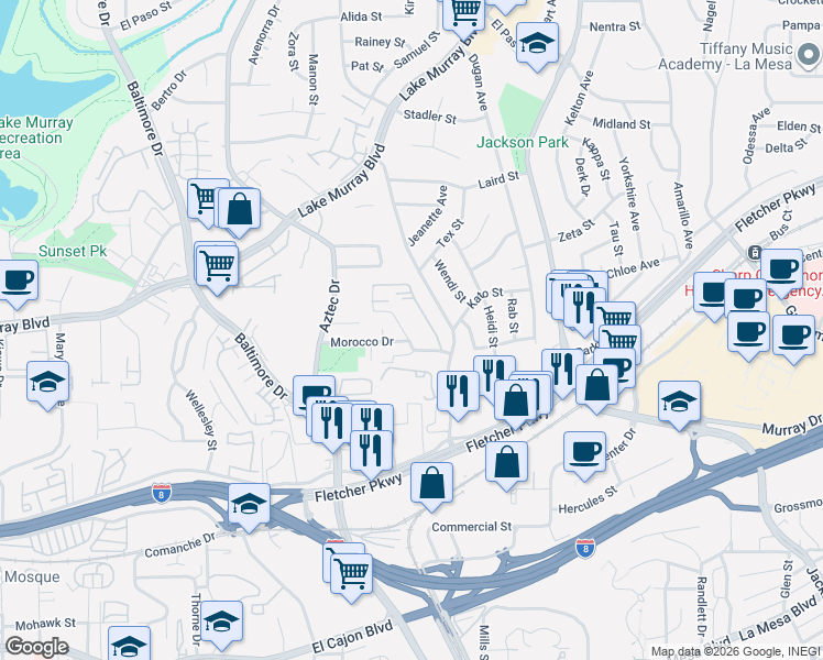 map of restaurants, bars, coffee shops, grocery stores, and more near 5545 Morro Way in La Mesa