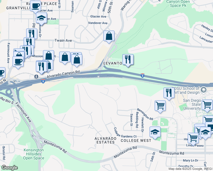 map of restaurants, bars, coffee shops, grocery stores, and more near 5161 Dorman Drive in San Diego