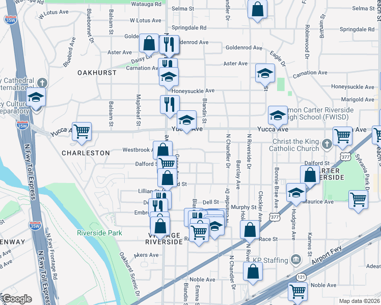 map of restaurants, bars, coffee shops, grocery stores, and more near 2724 Westbrook Avenue in Fort Worth