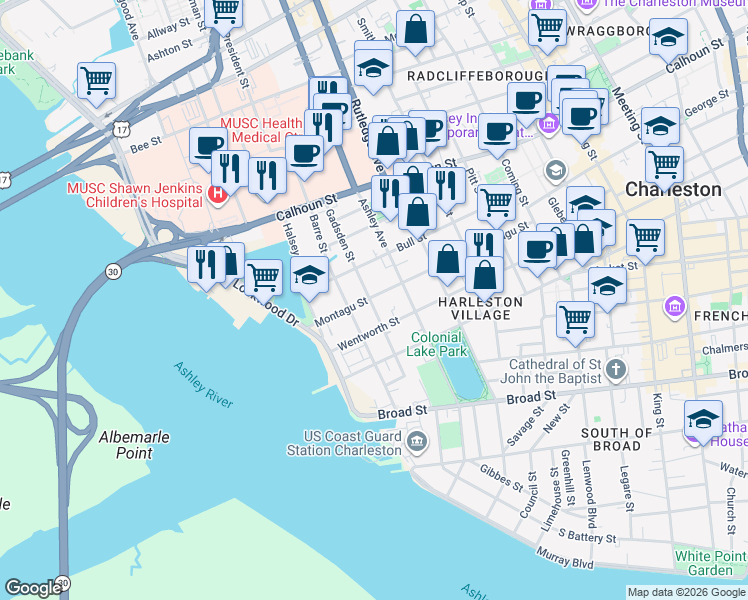 map of restaurants, bars, coffee shops, grocery stores, and more near 62 Montagu Street in Charleston