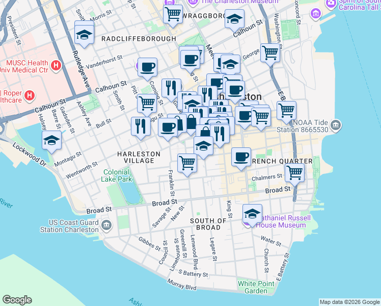 map of restaurants, bars, coffee shops, grocery stores, and more near 129 Logan Street in Charleston
