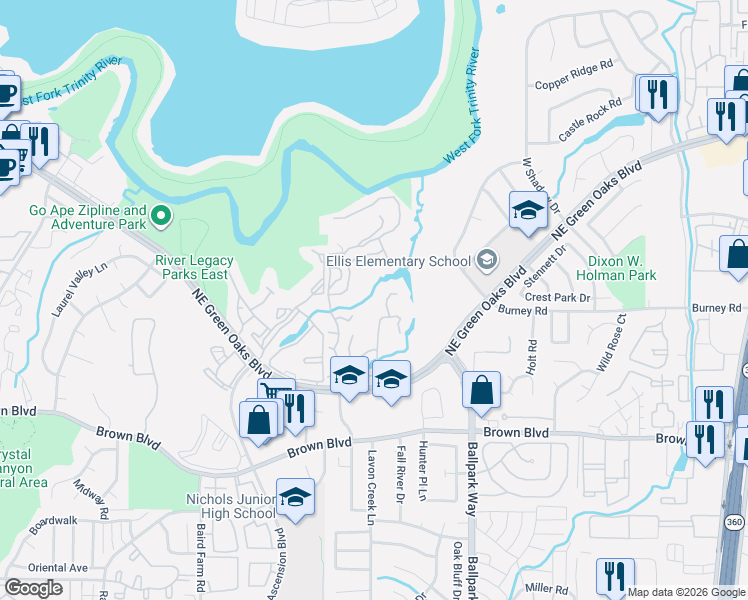 map of restaurants, bars, coffee shops, grocery stores, and more near 2721 Hidden Meadow Drive in Arlington
